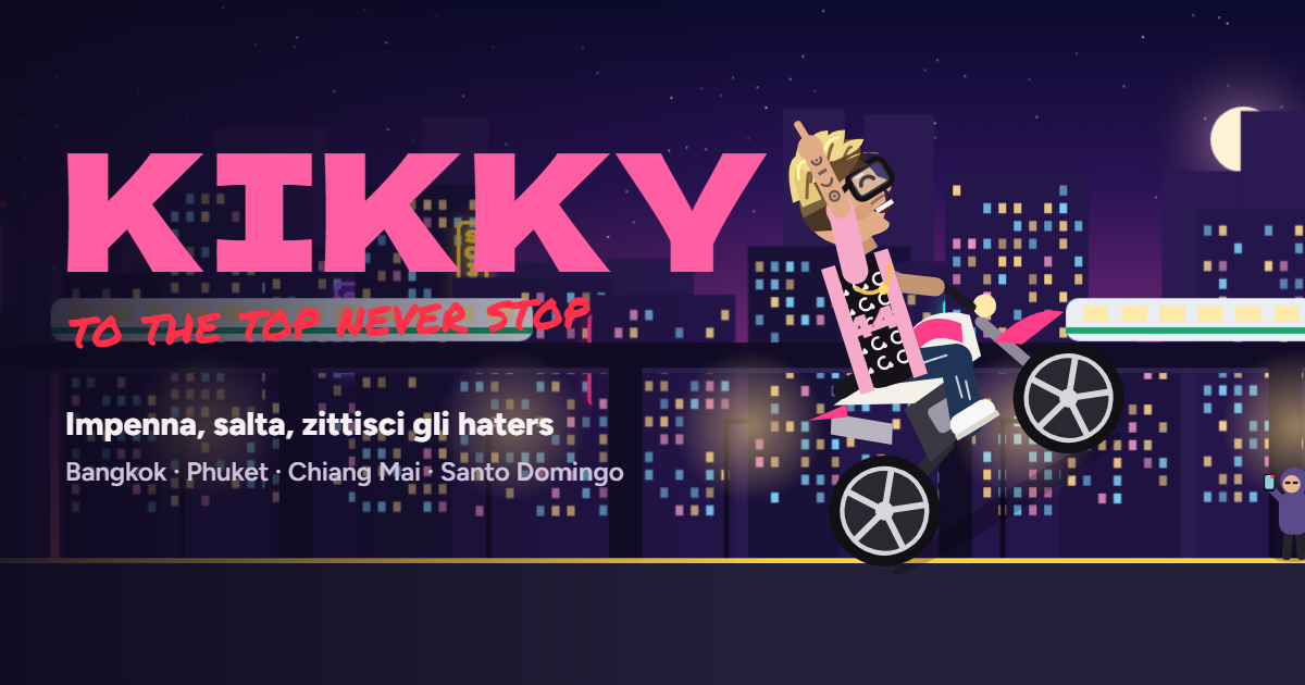 Schermata di KIKKY: il personaggio impenna in moto sopra la città di notte